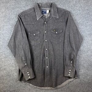 Vintage Wrangler Shirt Mens XL 17.5 Black Denim Pearl Snap Long Sleeve USA Made